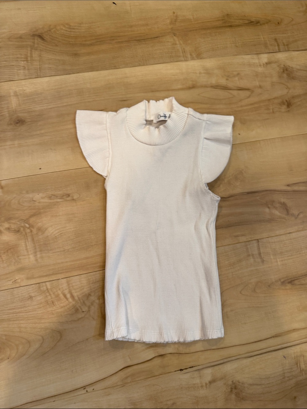 Girls' White Ruffled Sleeve Ribbed Tee